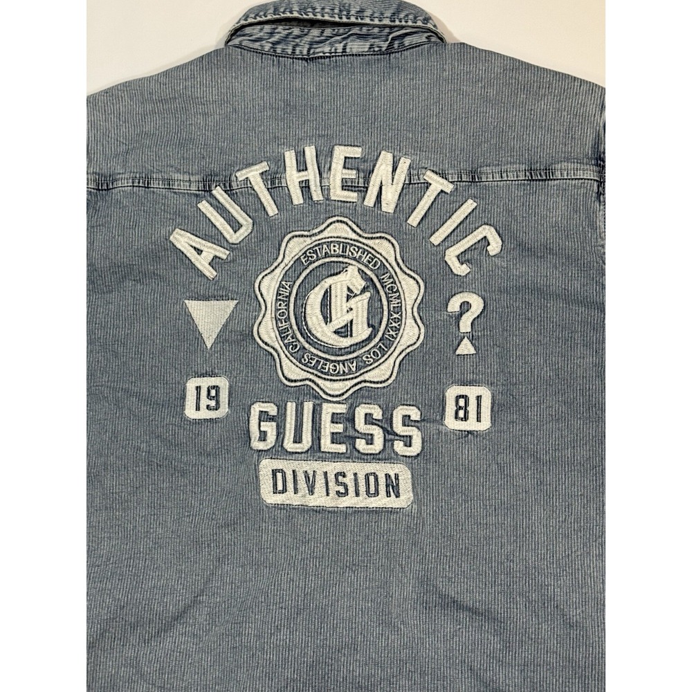 Guess Top Womens Small Blue Denim Shirt Button Folded Short Sleeve Collared